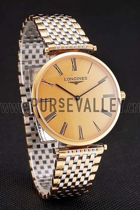 Swiss Longines Grande Classique Gold Dial Roman Numerals Gold Case Two Tone Bracelet