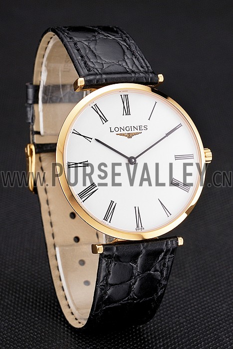 Swiss Longines Grande Classique White Dial Roman Numerals Gold Case Black Leather Strap