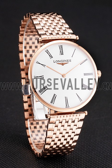 Swiss Longines Grande Classique White Dial Roman Numerals Rose Gold Case And Bracelet