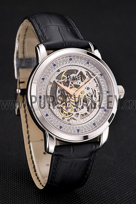 Swiss Piaget Altiplano Skeleton Dial With Diamonds Stainless Steel Case Black Leather Strap