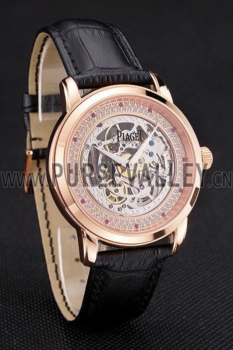 Swiss Piaget Altiplano Skeleton Dial With Diamonds Rose Gold Case Black Leather Strap
