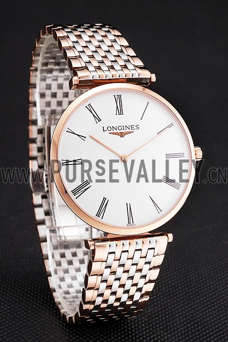 Swiss Longines Grande Classique White Dial Roman Numerals Rose Gold Case Two Tone Bracelet