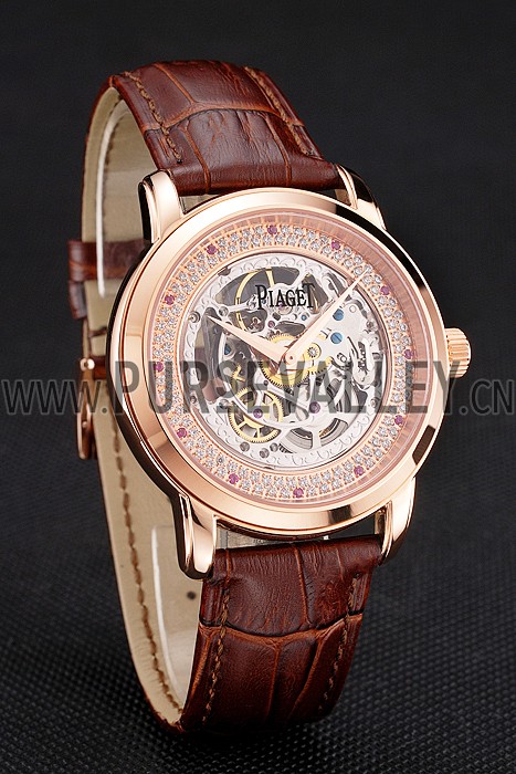 Swiss Piaget Altiplano Skeleton Dial With Diamonds Rose Gold Case Brown Leather Strap
