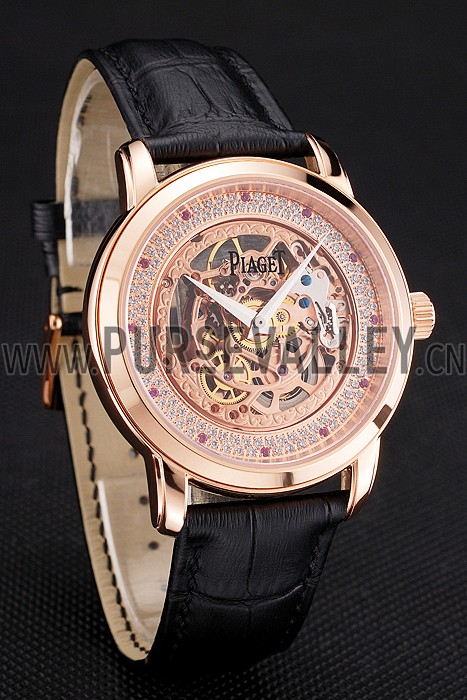 Swiss Piaget Altiplano Rose Gold Skeleton Dial With Diamonds Rose Gold Case Black Leather Strap