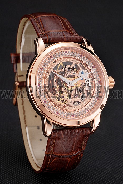 Swiss Piaget Altiplano Rose Gold Skeleton Dial With Diamonds Rose Gold Case Brown Leather Strap