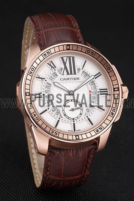 Cartier Calibre De Cartier Small Seconds White Dial Rose Gold Case Brown Leather Strap
