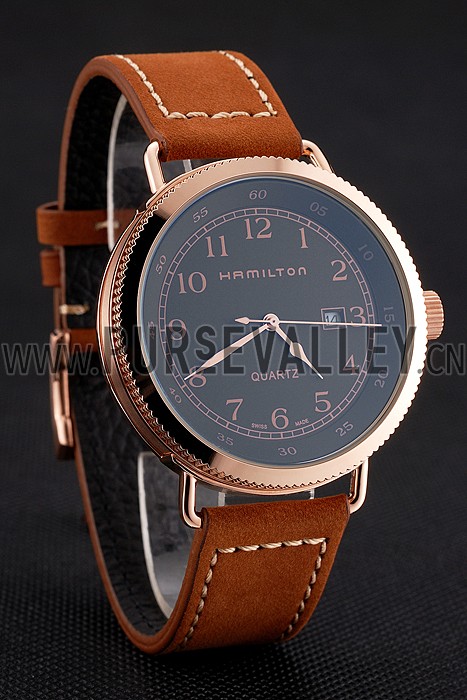 Hamilton Navy Pioneer Black Dial Rose Gold Case Brown Leather Strap