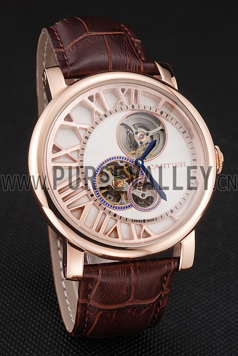 Cartier Rotonde De Cartier Flying Tourbillon White Dial Rose Gold Numerals Rose Gold Case Brown Leather Strap