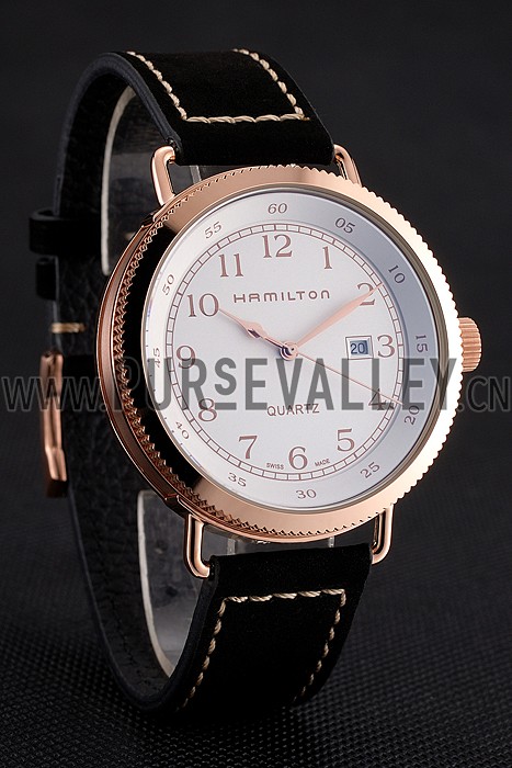Hamilton Navy Pioneer White Dial Rose Gold Case Black Leather Strap