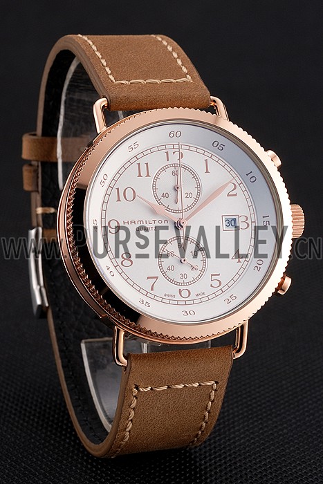 Hamilton Navy Pioneer Chrono White Dial Rose Gold Case Light Brown Leather Strap