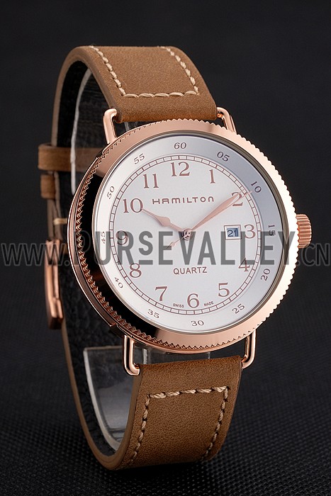 Hamilton Navy Pioneer White Dial Rose Gold Case Light Brown Leather Strap
