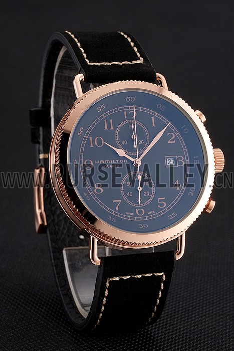 Hamilton Navy Pioneer Chrono Black Dial Rose Gold Case Black Leather Strap
