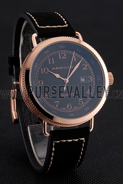 Hamilton Navy Pioneer Black Dial Rose Gold Case Black Leather Strap