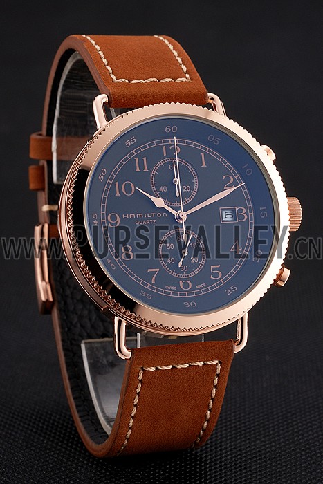 Hamilton Navy Pioneer Chrono Black Dial Rose Gold Case Brown Leather Strap