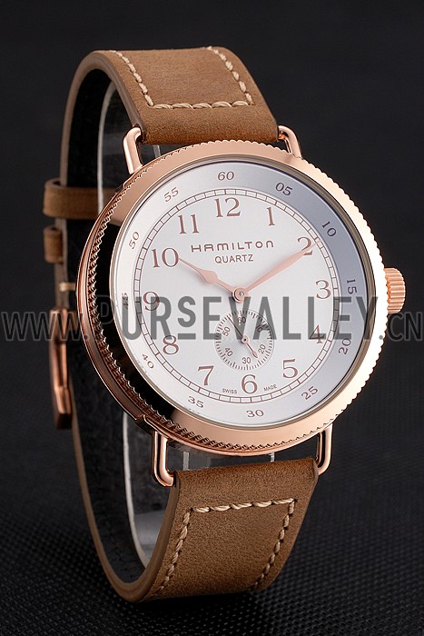 Hamilton Navy Pioneer Small Second White Dial Rose Gold Case Light Brown Leather Strap