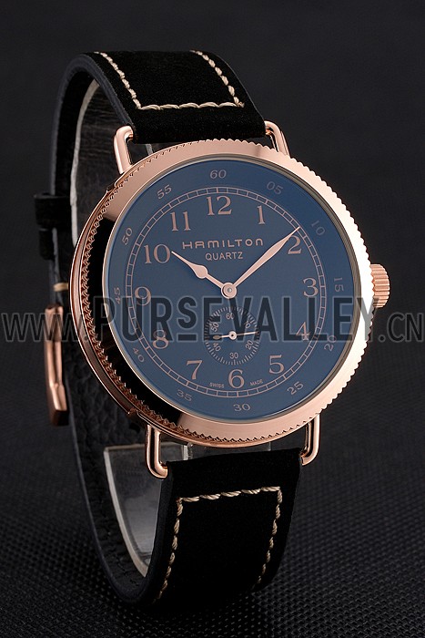 Hamilton Navy Pioneer Small Second Black Dial Rose Gold Case Black Leather Strap