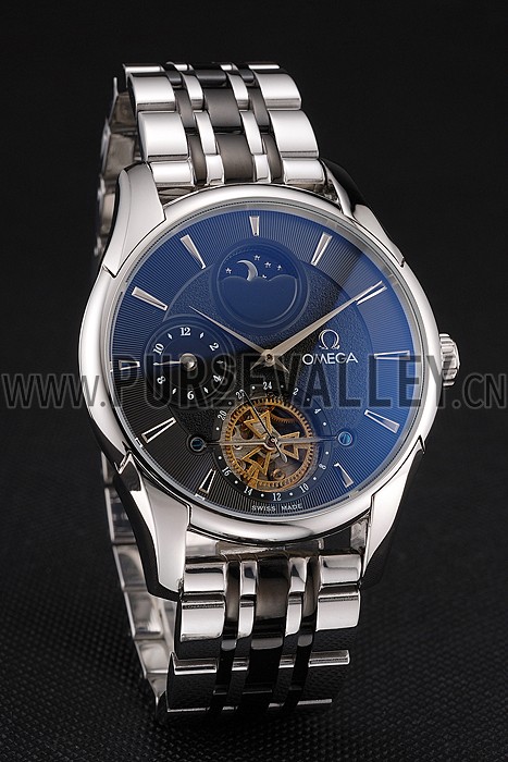 Omega De Ville Moonphase Tourbillon Black Dial Stainless Steel Case Two Tone Black Steel Bracelet