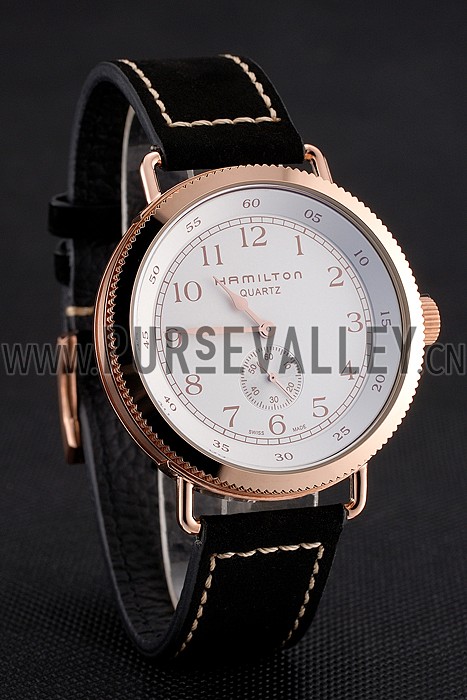 Hamilton Navy Pioneer Small Second White Dial Rose Gold Case Black Leather Strap