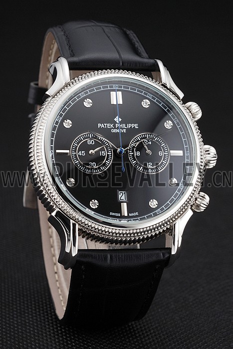 Patek Philippe Chronograph Black Dial With Diamonds Stainless Steel Case Black Leather Strap