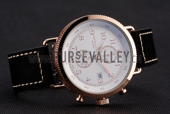 Hamilton Navy Pioneer Chrono White Dial Rose Gold Case Black Leather Strap