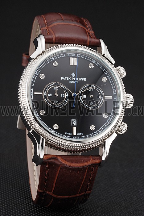 Patek Philippe Chronograph Black Dial With Diamonds Stainless Steel Case Brown Leather Strap