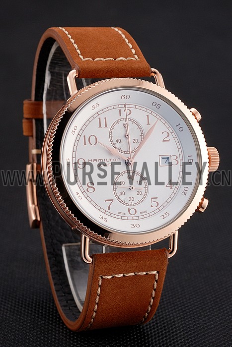 Hamilton Navy Pioneer Chrono White Dial Rose Gold Case Brown Leather Strap