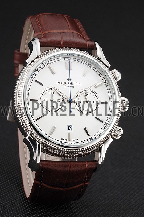 Patek Philippe Chronograph White Dial Stainless Steel Case Brown Leather Strap