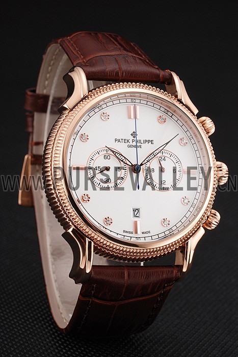 Patek Philippe Chronograph White Dial With Diamonds Rose Gold Case Brown Leather Strap