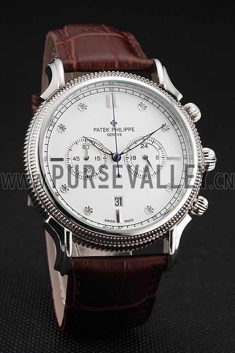 Patek Philippe Chronograph White Dial With Diamonds Stainless Steel Case Brown Leather Strap