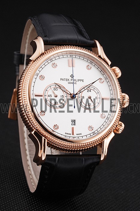 Patek Philippe Chronograph White Dial With Diamonds Rose Gold Case Black Leather Strap