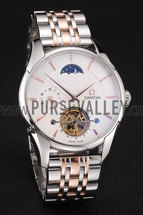 Omega De Ville Moonphase Tourbillon White Dial Stainless Steel Case Two Tone Steel Rose Gold Bracelet