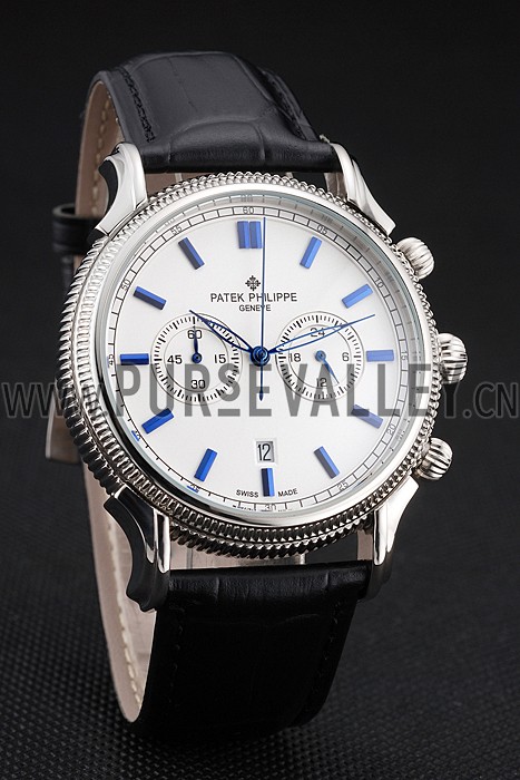 Patek Philippe Chronograph White Dial Blue Markings Stainless Steel Case Black Leather Strap