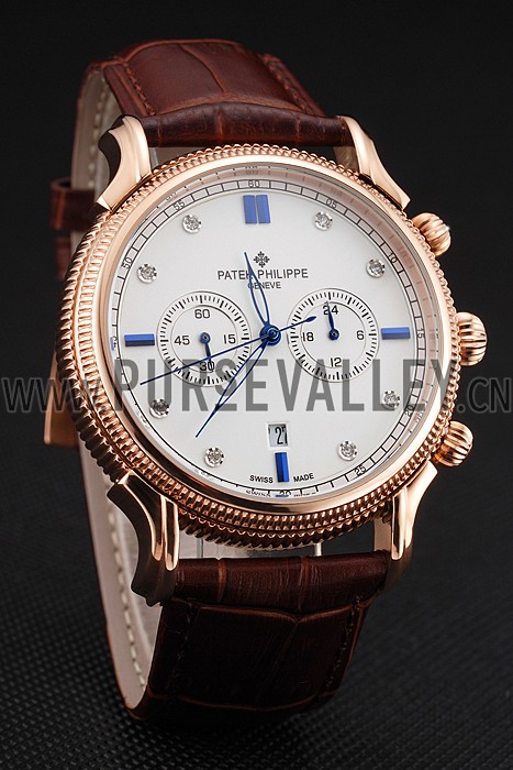 Patek Philippe Chronograph White Dial With Blue And Diamond Markings Rose Gold Case Brown Leather Strap