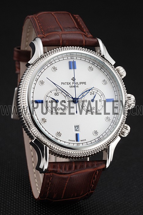 Patek Philippe Chronograph White Dial With Diamond And Blue Markings Stainless Steel Case Brown Leather Strap