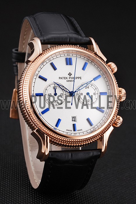 Patek Philippe Chronograph White Dial Blue Markings Rose Gold Case Black Leather Strap
