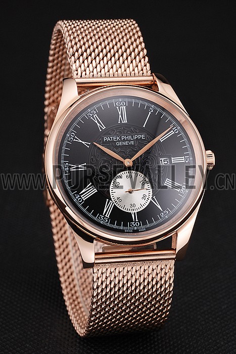 Patek Philippe Calatrava Small Seconds Black Engraved Dial Rose Gold Case And Bracelet