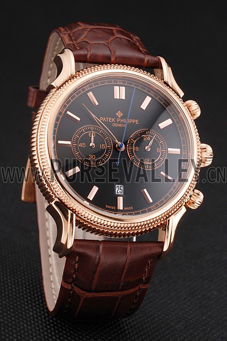 Patek Philippe Chronograph Black Dial Rose Gold Case Brown Leather Strap