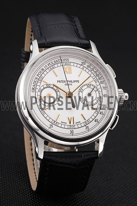 Swiss Patek Philippe 5170J Chronograph White Dial Gold Hands Stainless Steel Case Black Leather Strap