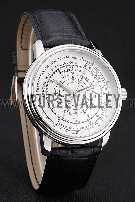Swiss Patek Philippe Multi-Scale Chronograph White Dial Stainless Steel Case Black Leather Strap