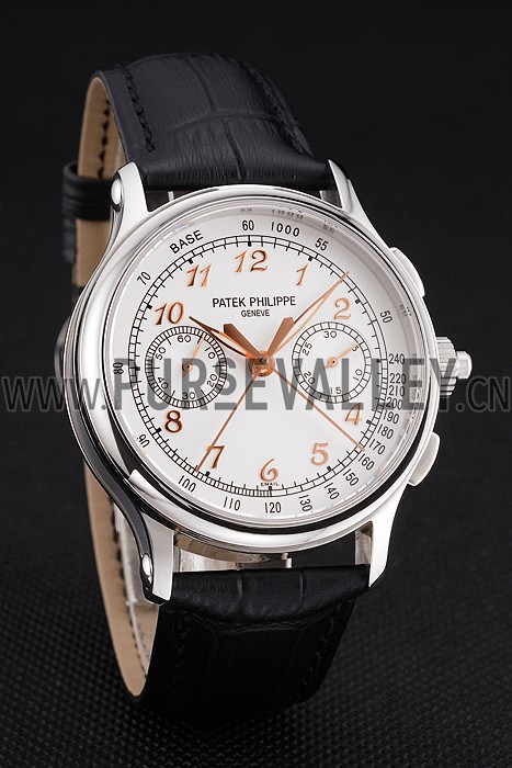 Swiss Patek Philippe Split Seconds Chronograph White Dial Rose Gold Hands Stainless Steel Case Black Leather Strap