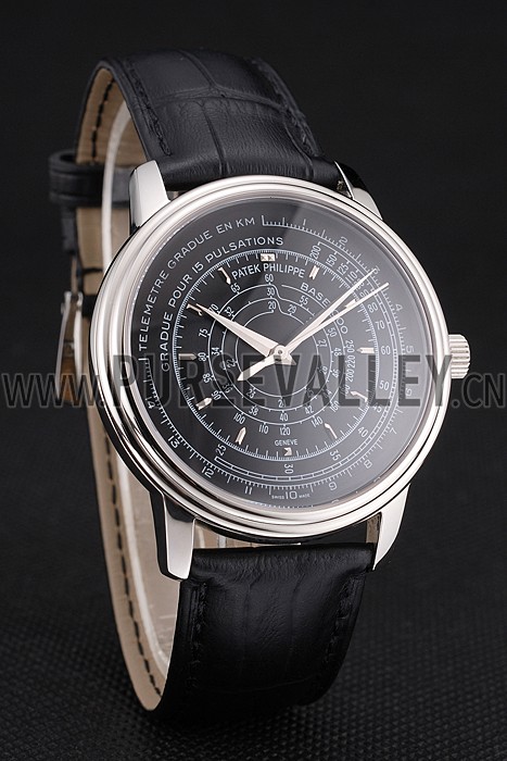 Swiss Patek Philippe Multi-Scale Chronograph Black Dial Stainless Steel Case Black Leather Strap