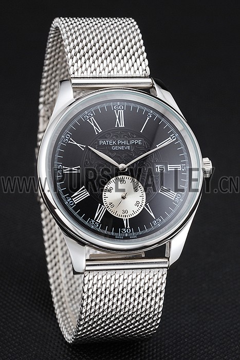 Patek Philippe Calatrava Small Seconds Black Engraved Dial Stainless Steel Case And Bracelet