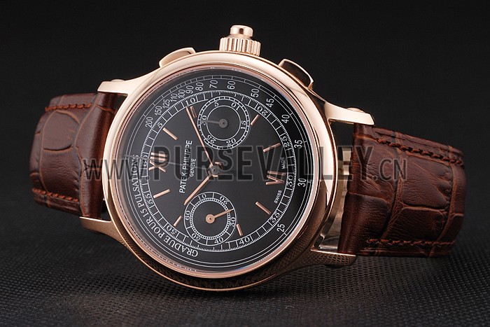 Swiss Patek Philippe 5170J Chronograph Black Dial Rose Gold Case Brown Leather Strap
