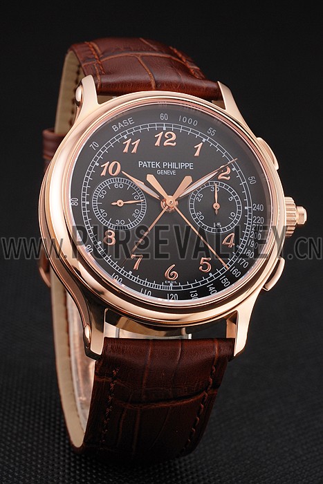 Swiss Patek Philippe Split Seconds Chronograph Black Dial Rose Gold Case Brown Leather Strap