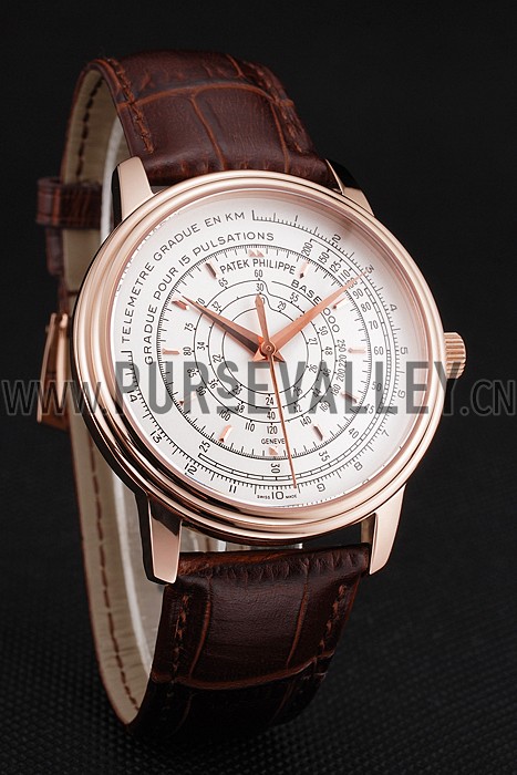Swiss Patek Philippe Multi-Scale Chronograph White Dial Rose Gold Case Brown Leather Strap