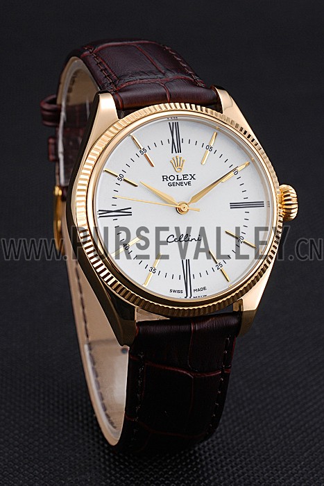 Rolex Cellini White Dial Gold Case Brown Leather Strap 622833
