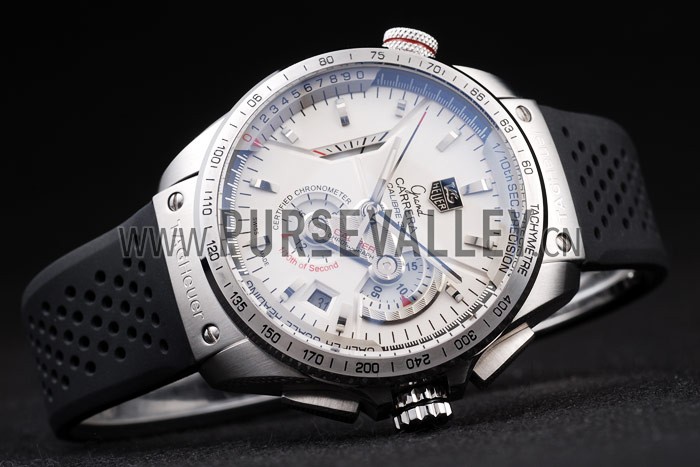 Tag Heuer Swiss Carrera Tachymeter Bezel Perforated Black Rubber Strap White Dial
