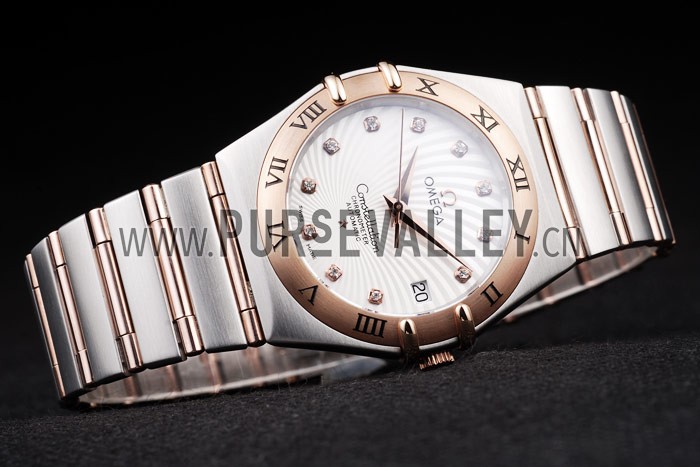 Omega Swiss Constellation Jewelry Rose Gold Case Radial Emblem White Dial