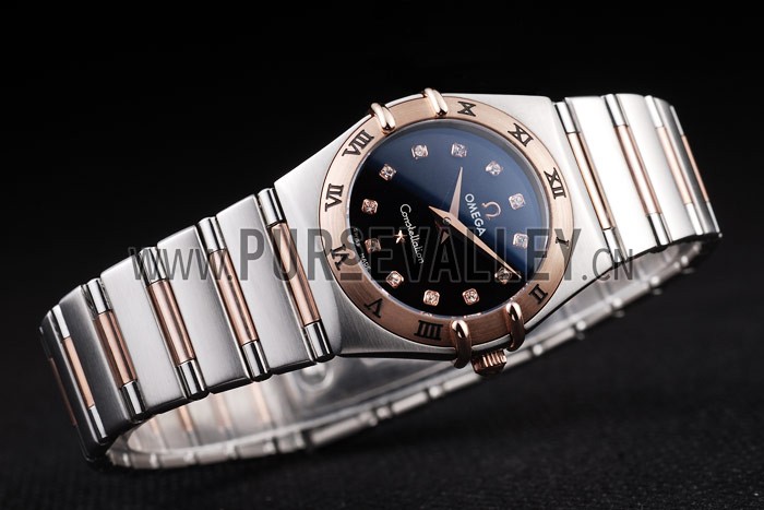 Omega Swiss Constellation Jewelry Rose Gold Case Black Dial 98114