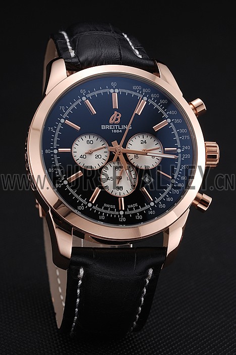 Breitling Transocean Black Dial Black Leather Strap Rose Gold Bezel 98204